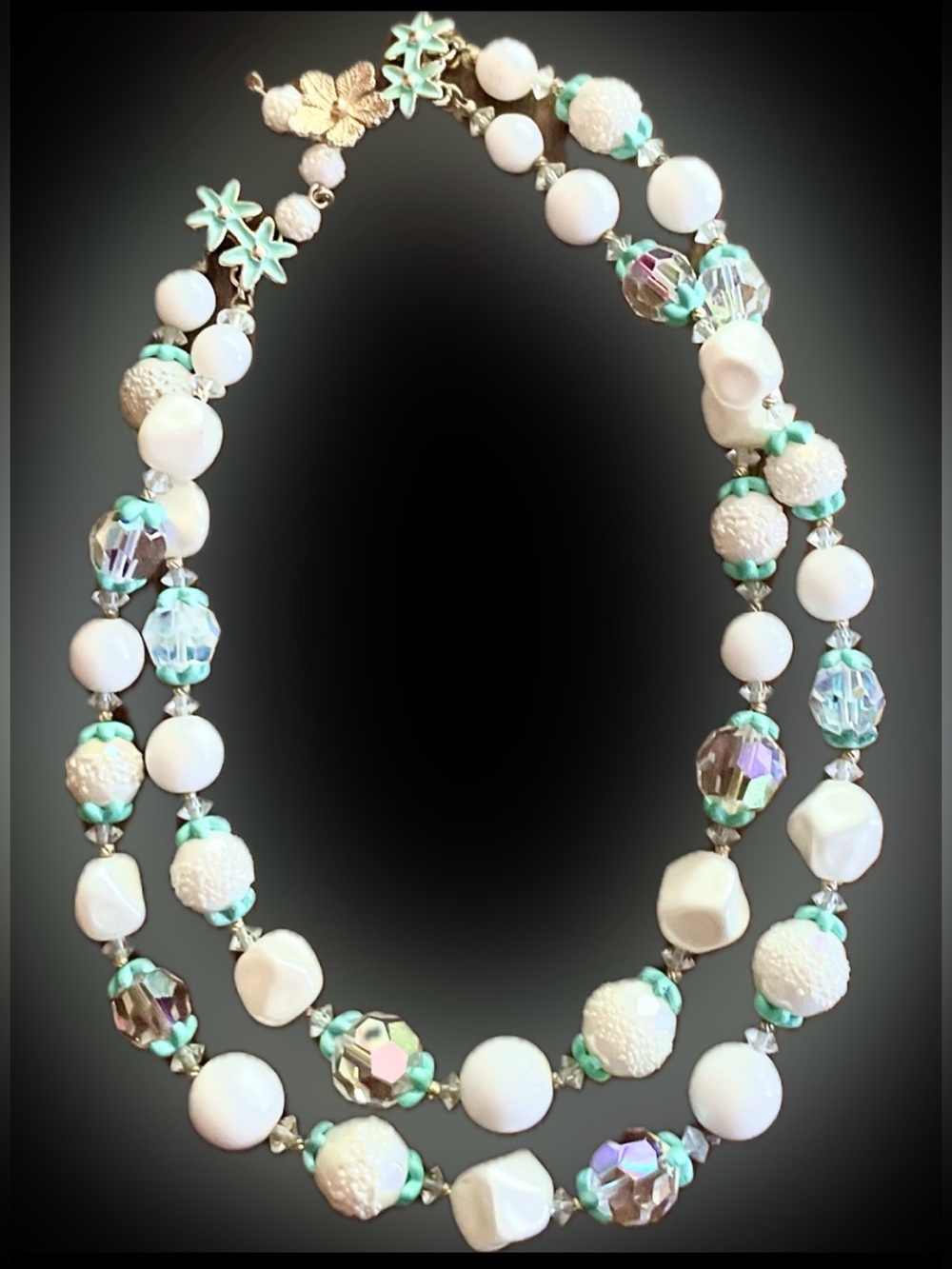 Rare!  VENDOME VTG 1960s 2 Strand  Crystal Sugar Bead Necklace blue Flowers 16”
